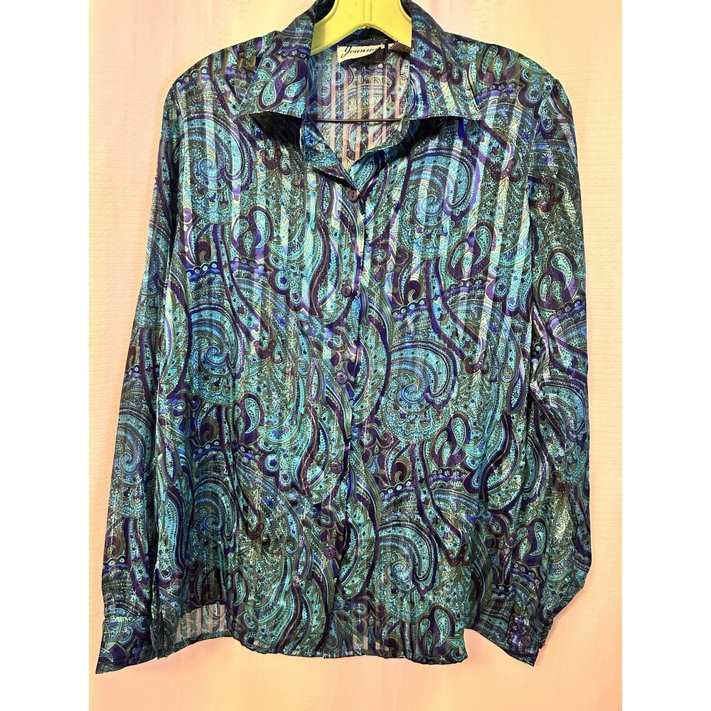 VTG Blue Paisley Semi Sheer Long Sleeve Blouse Womens S Boho Indie Cottagecore